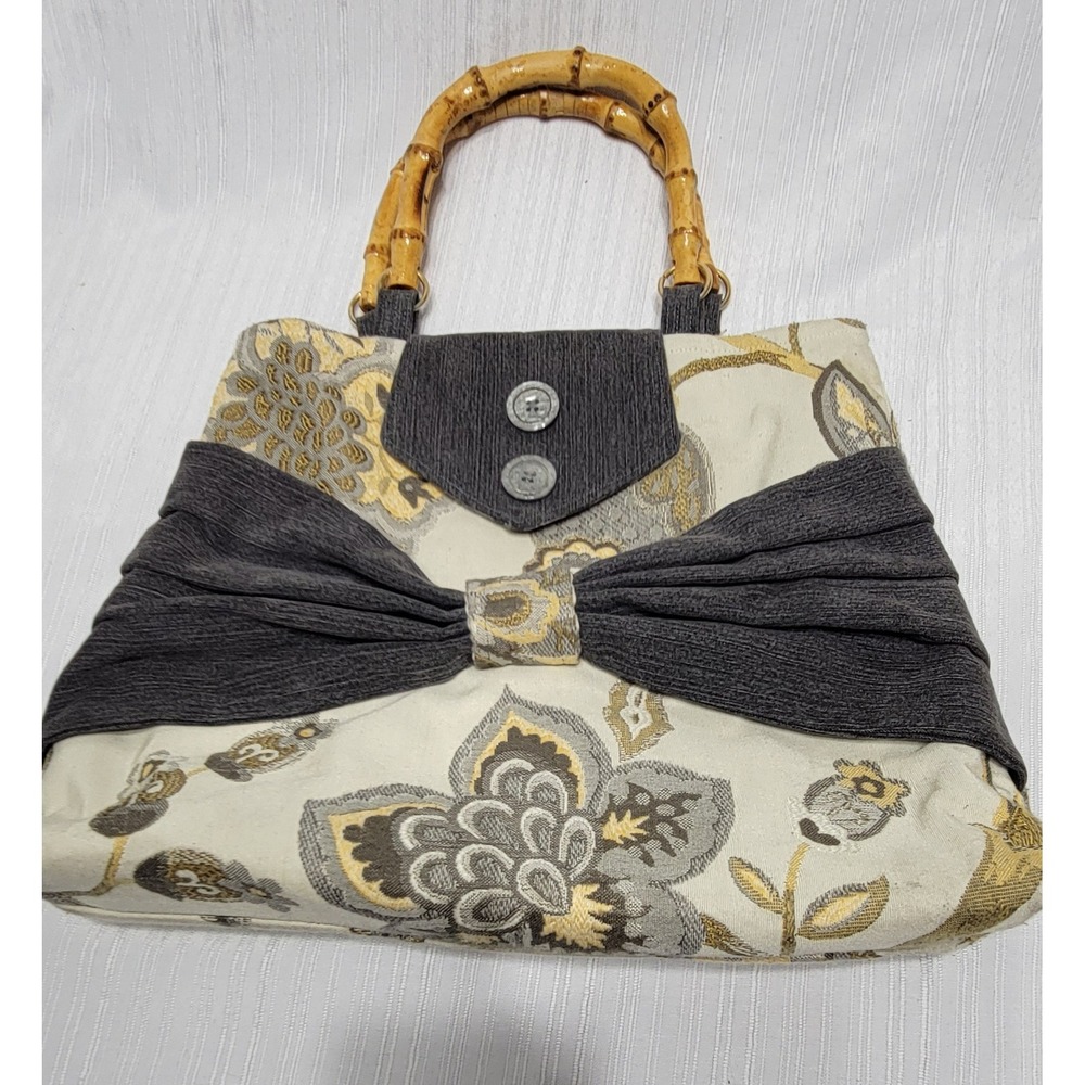 Especially 4u Handmade Tapestry Floral Handbag Bamboo Handle Bow Accent Grey